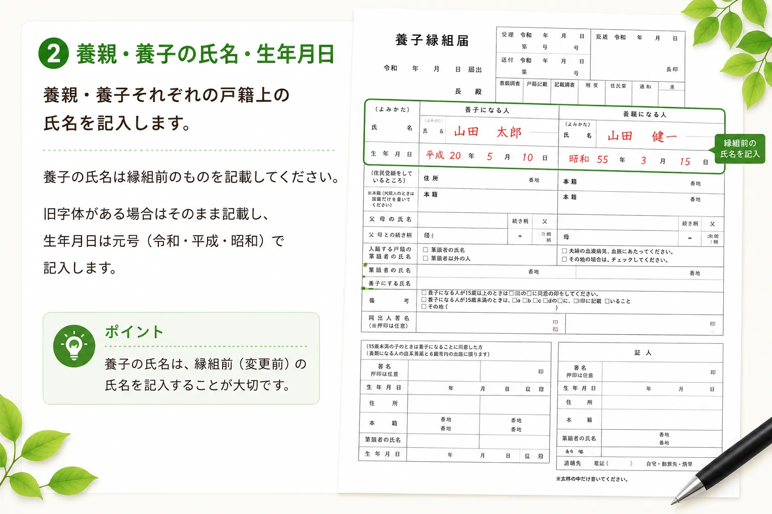 養子縁組届の養親・養子の氏名・生年月日の書き方