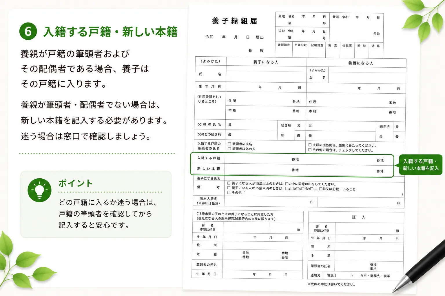 養子縁組届の入籍する戸籍・新しい本籍の書き方