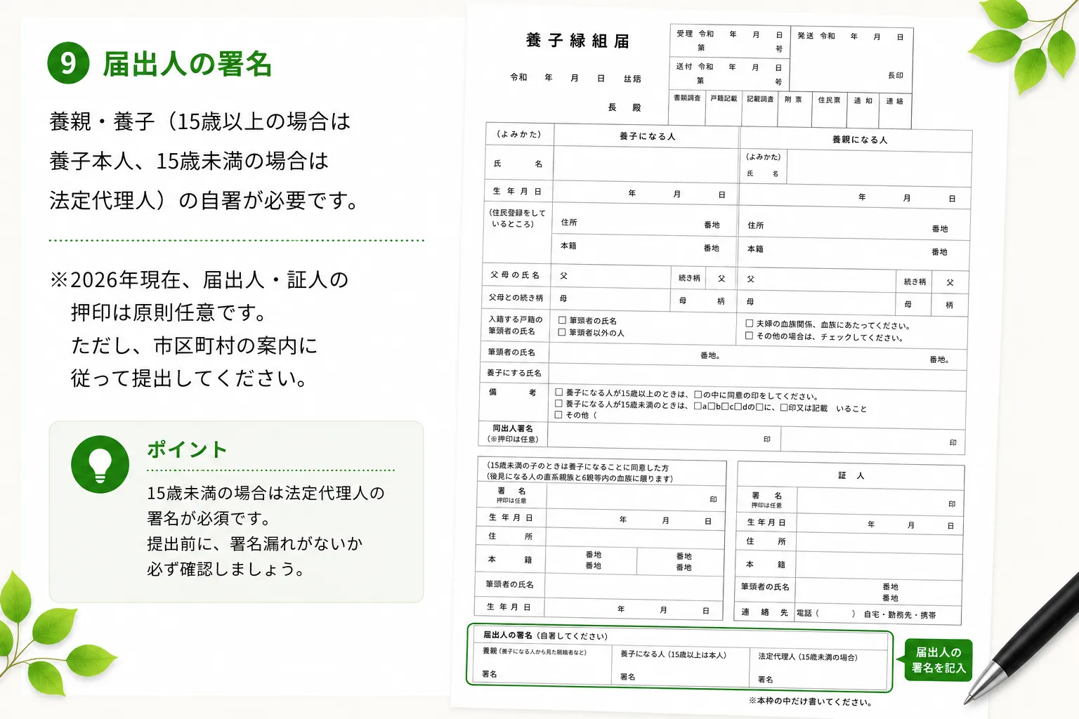 養子縁組届の届出人の署名の書き方