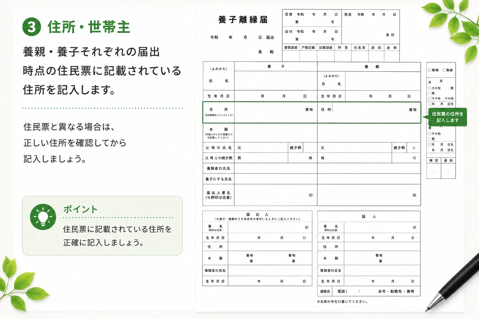 養子離縁届の住所・世帯主の書き方