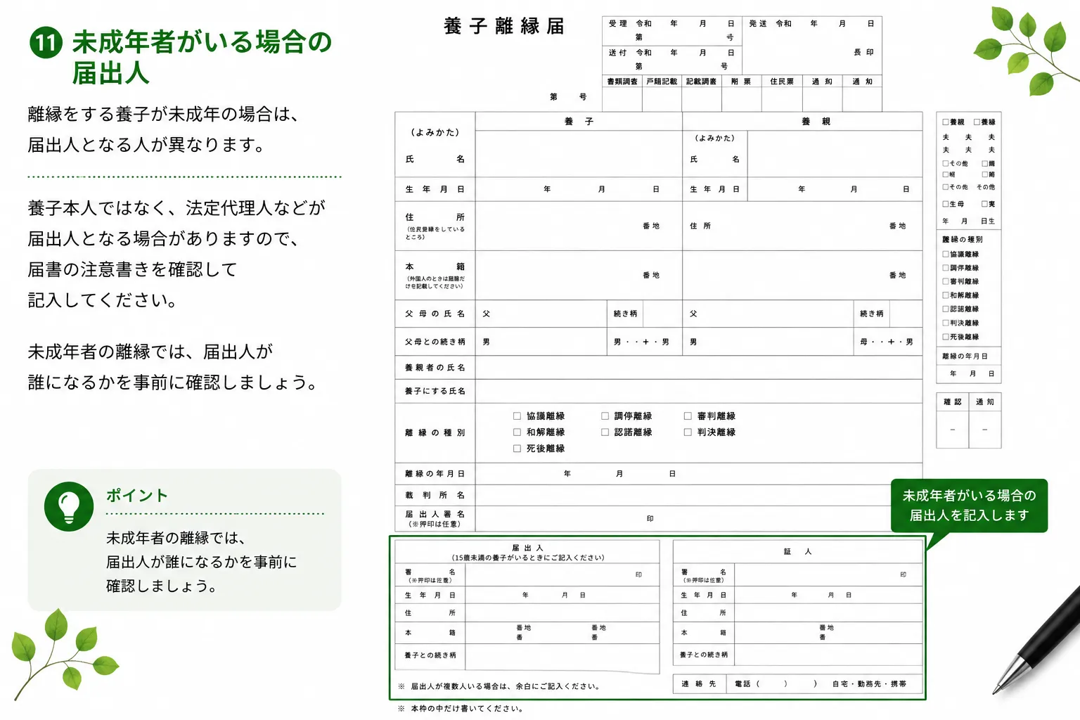 養子離縁届 未成年者がいる場合の届出人の書き方（記入例）