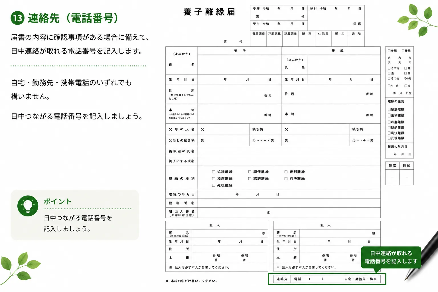 養子離縁届 連絡先（電話番号）の書き方（記入例）